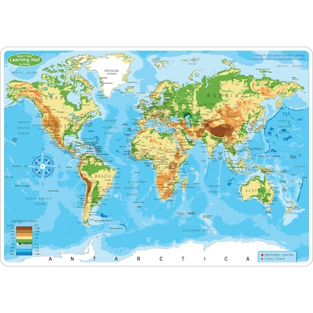 ASHLEY PRODUCTIONS Smart Poly Learning Mat, 12in. x 17in., 2-Sided, World Physical Map 95003
